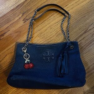 Tory Burch navy blue  Fleming, convertible Woven shoulder bag EUC